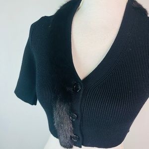 Prada Black Wool Knit Mink Trim Cropped Sweater 38